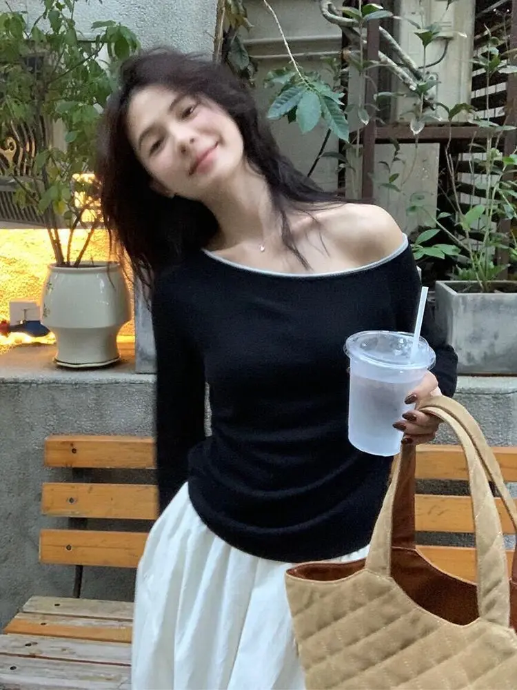 

Off Shoulder T-Shirt Korean Style Womens American Casual Cool Fashion Top Relaxed Comfortable Basic Female Lady Girl Simple Vibe