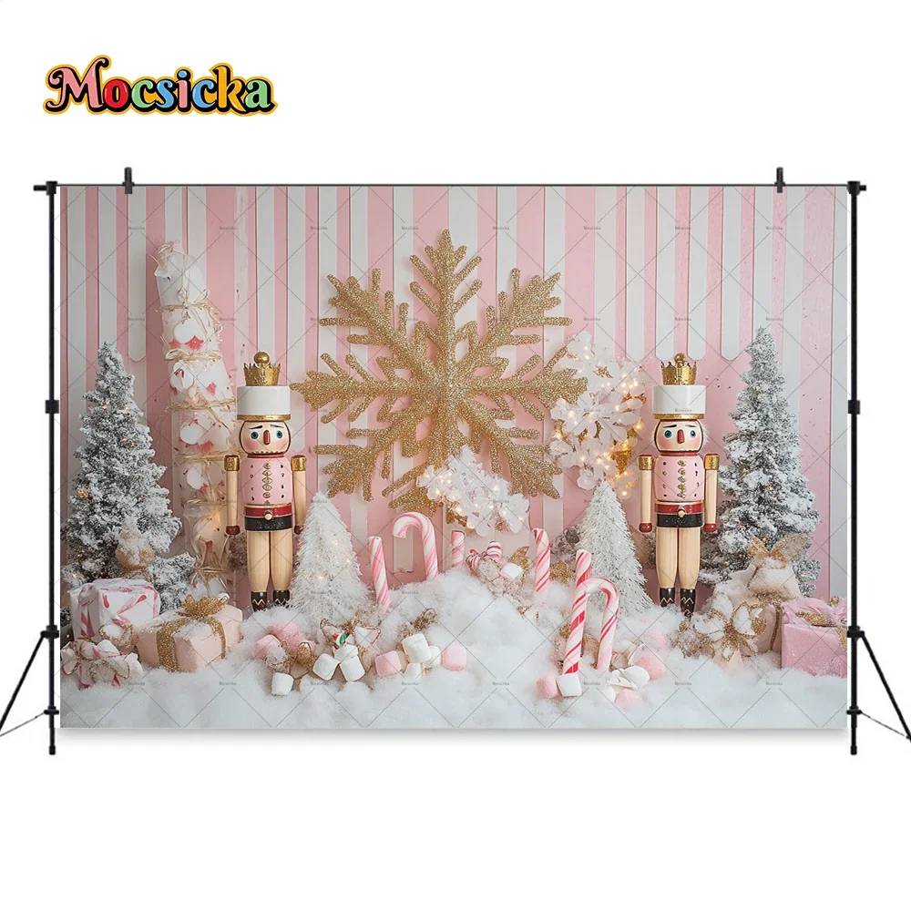 Winter Girl 1st Birthday Pink Background Photography Candy Cane Snowflake Nutcracker Soldier Backdrop Kid Cake Smash PhotoStudio