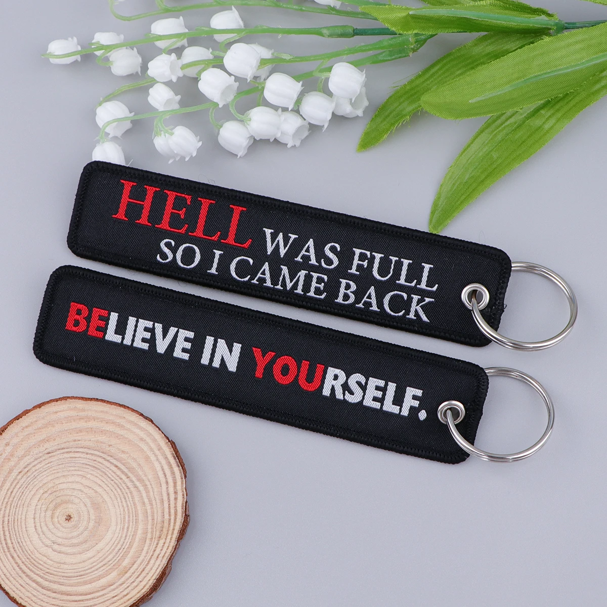 BELIEVE IN YOURSELF Embroidery Key Fobs Inspirational Quotes Key Tags Keychain For Women Key Holder Chaveiro Jewelry Gifts