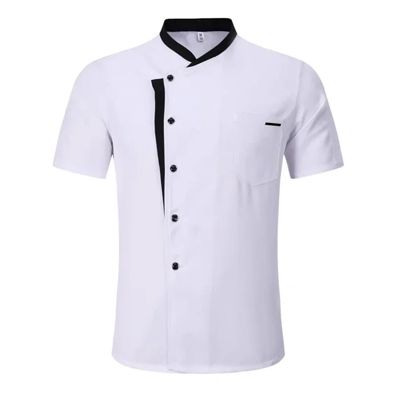 Summer Chef Costume Men's Kitchen Jacket White Shirt Catering Uniform Barber Workwear Baker Short Sleeve Coat Black Red