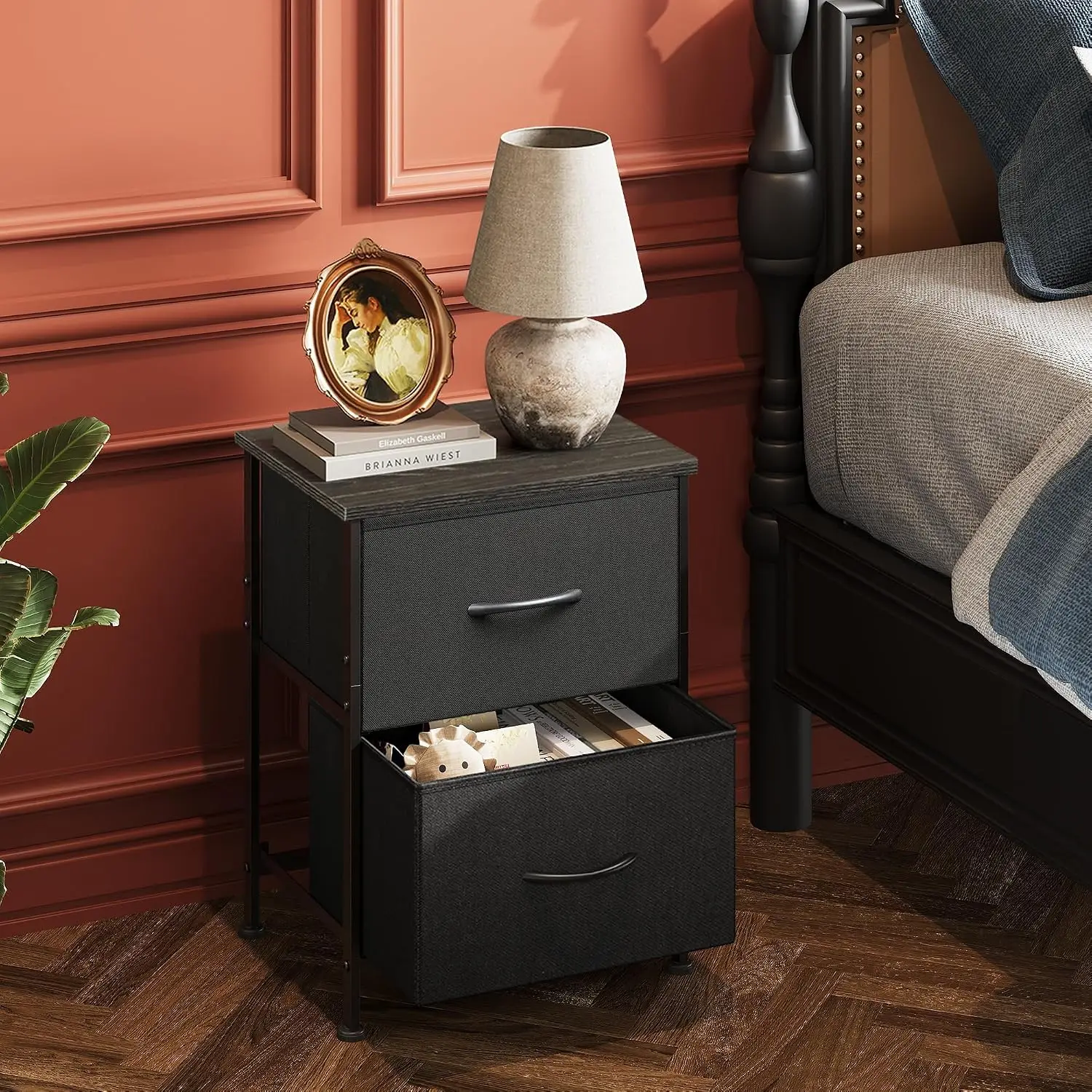Small Nightstand with 2 Fabric Drawers, Wood Top Bedside Table for Bedroom Dorm, Metal Frame & Adjustable Feet, Quick Assembly,
