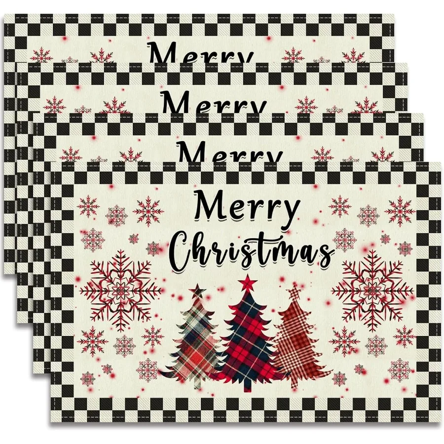 4pcs Christmas Placemats Festive Snowflake Tree Design, Red Checkered Table Mats for Indoor Home, Kitchen, Party Center