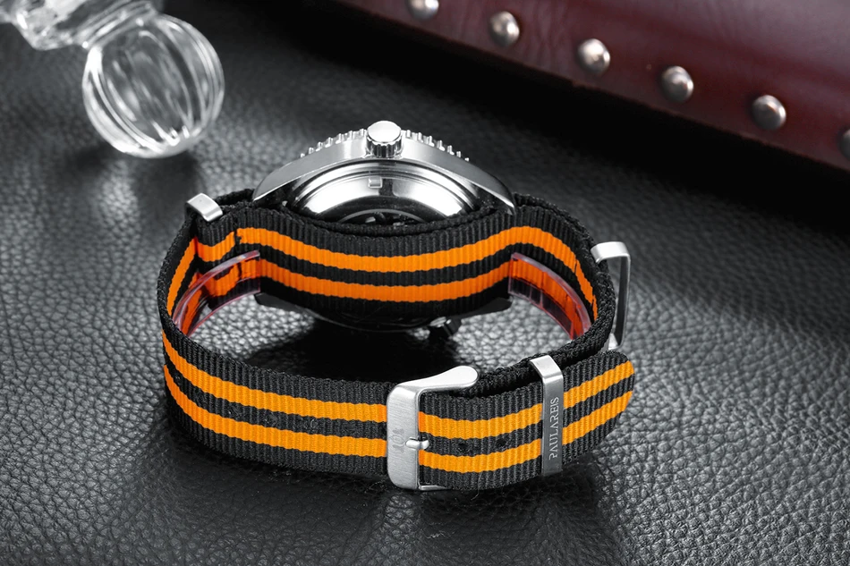 Men Automatic Self Wind Mechanical Orange Black Blue Red Gray Canvas Strap Luxury Watch