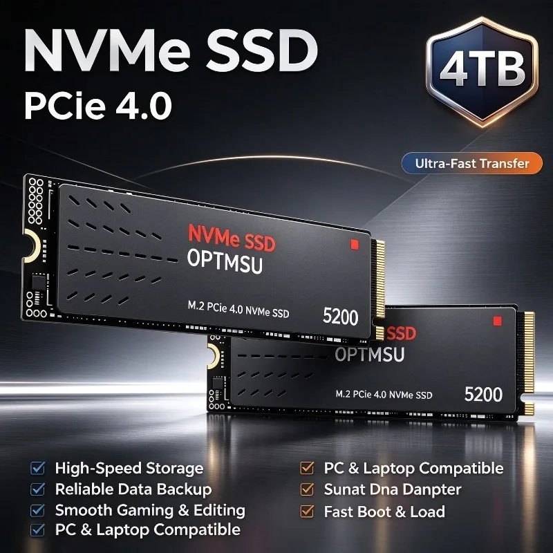 OPTMSU 5200 M.2 2280 PCIe4.0 NVMe SSD,3D TLC NAND,500GB 1TB 2TB 4TB Gaming SSD For PS5 Laptop Desktop PC