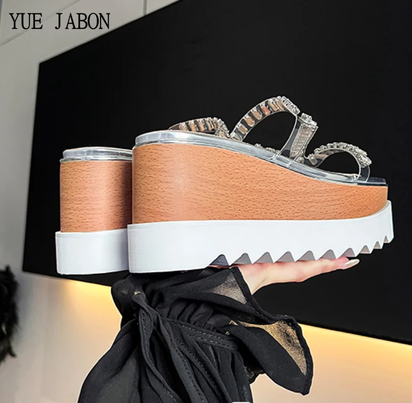 

Summer High Platform Women Slipper Transparent Rhinestones Open Toe Wedges Heel Sandalias Ladies Elegant Outdoor Beach Slides