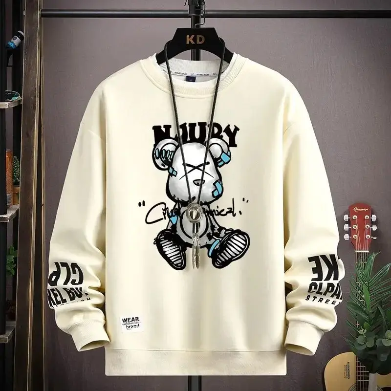 Camiseta de Manga Longa com Estampa de Urso, Suéter Masculino de Outono, Design de Gola Redonda, Confortável e Casual para Homens