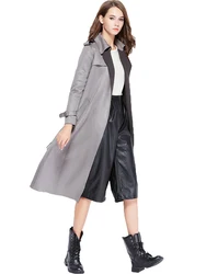 New 2022 Autumn Women Suede Long Trench Coat Ladies  Abrigo Mujer Long Elegant Outwear Red Grey Overcoat Slim Trench