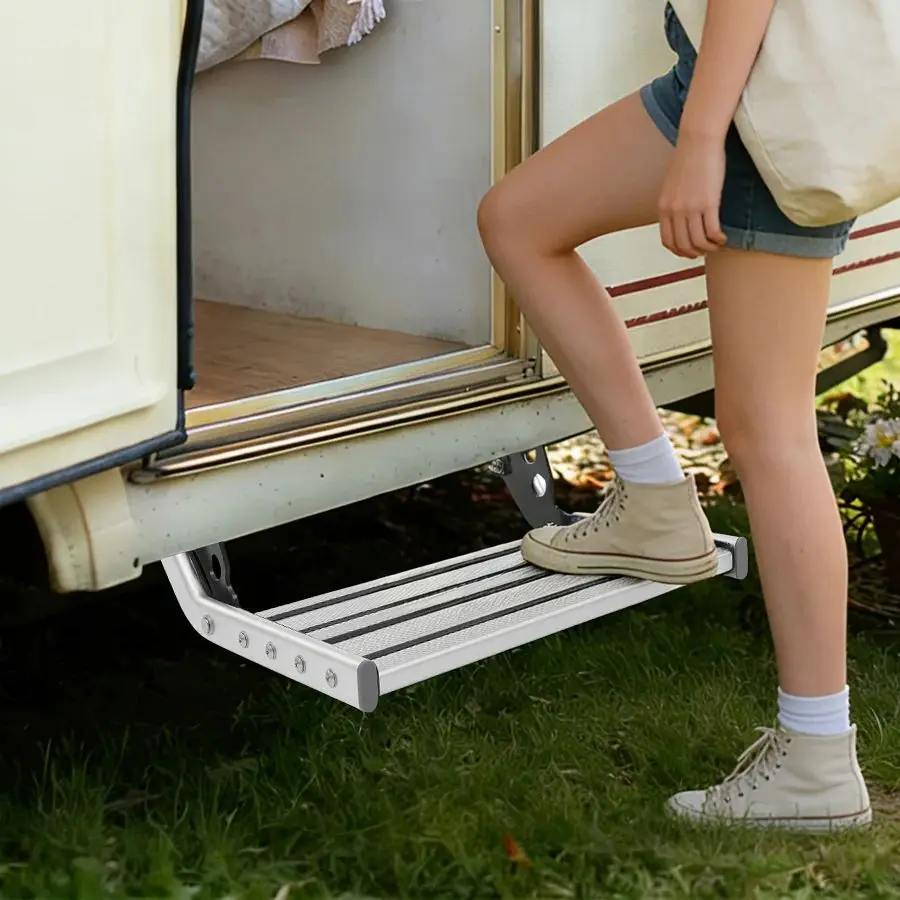 Folding RV Step 330.7lbs Load Aluminum Alloy RV Camper Step Single Tier Manual RV Entry Step with LED Light for Motorhome Camper