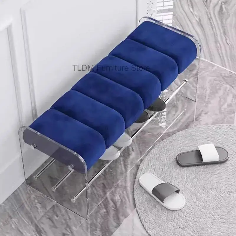Modern Entryway Bench with Shoe Storage - Velvet Channel Tufted Seat, Clear Acrylic Frame, Shoe Rack for Hallway Living Room