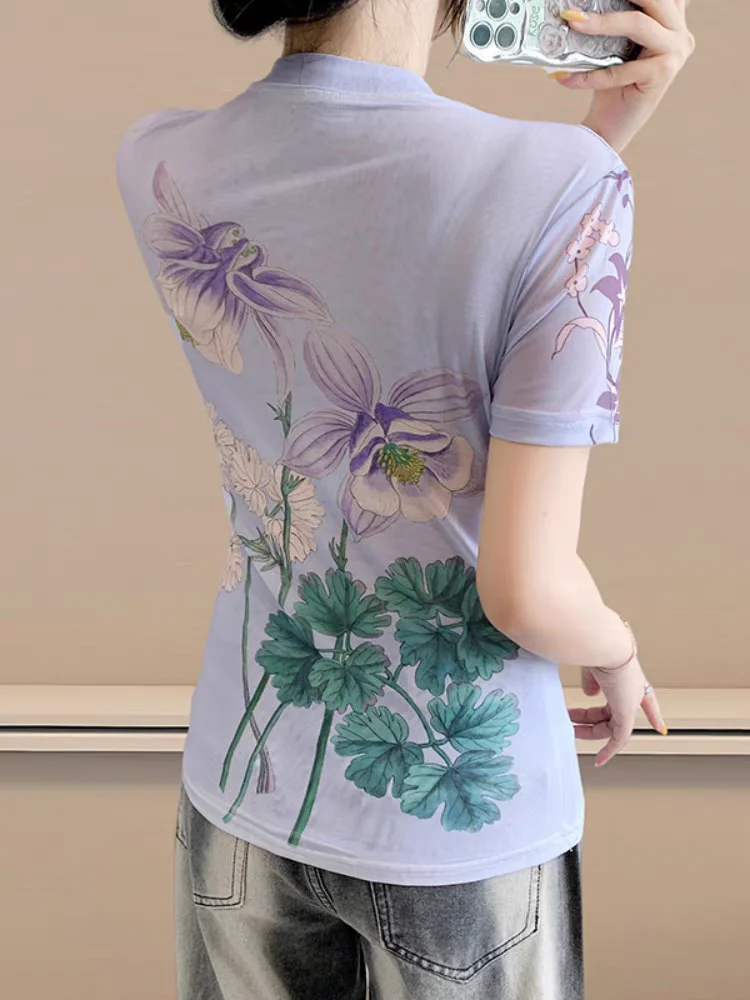 Women's Summer Euro-Chic Ice-Silk Mesh Top - Slim-Fit Stylish Print Blouse Trendy Breathable & Designer T-Shirt