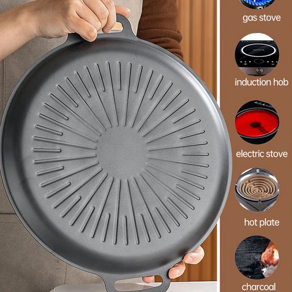 34CM Outdoor BBQ Grill Pan Non Stick Baking Tray Korean Barbecue Roastig  Grill Plate Camping Pot Frying pan Kitchen Cookware