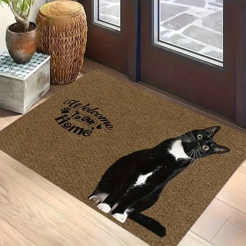 1 piece of black cat design welcome mat - farmhouse style anti slip indoor/outdoor door mat, made of soft flannel material, with the words 