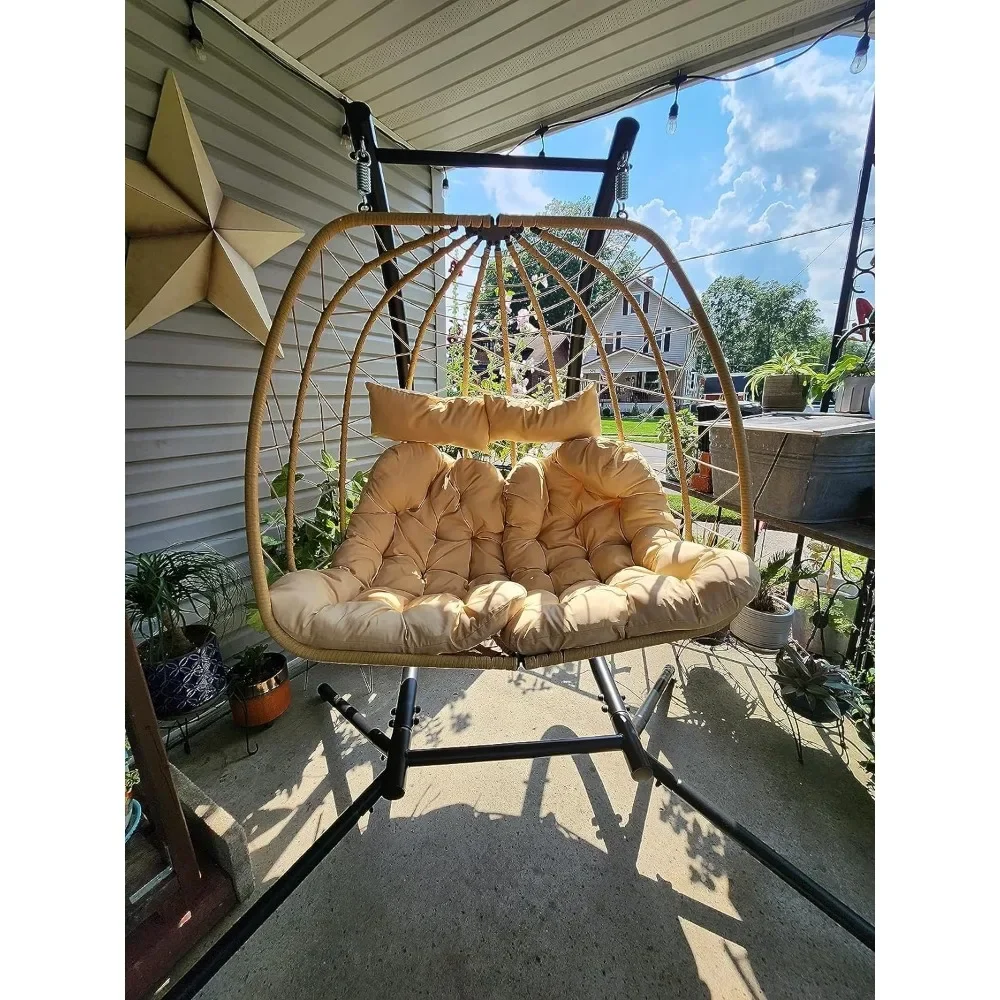 Hanging Egg Chair Swing Chair with Stand Double Egg Chair, 2 Person Wicker Chair Outdoor Indoor Hammock with Cushions 500lbs