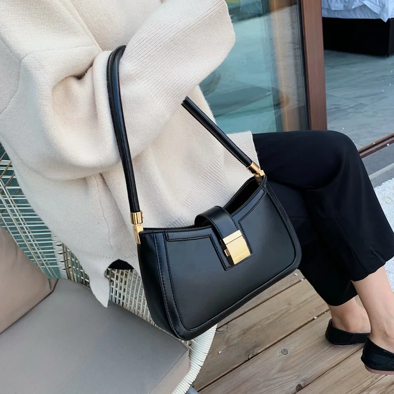 Temperament Women\'s Fashion Handbag New Vintage PU Leather Versatile Black Underarm Bag Personality Hasp Solid One Shoulder Bag