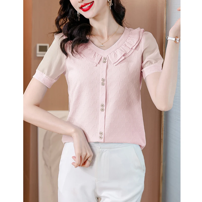 2024 Summer Women Korean Fashion Ruffle Elegant Blouse Office Lady Casual Short Sleeve Chic Shirts V Neck Solid Slim Tops Blusas