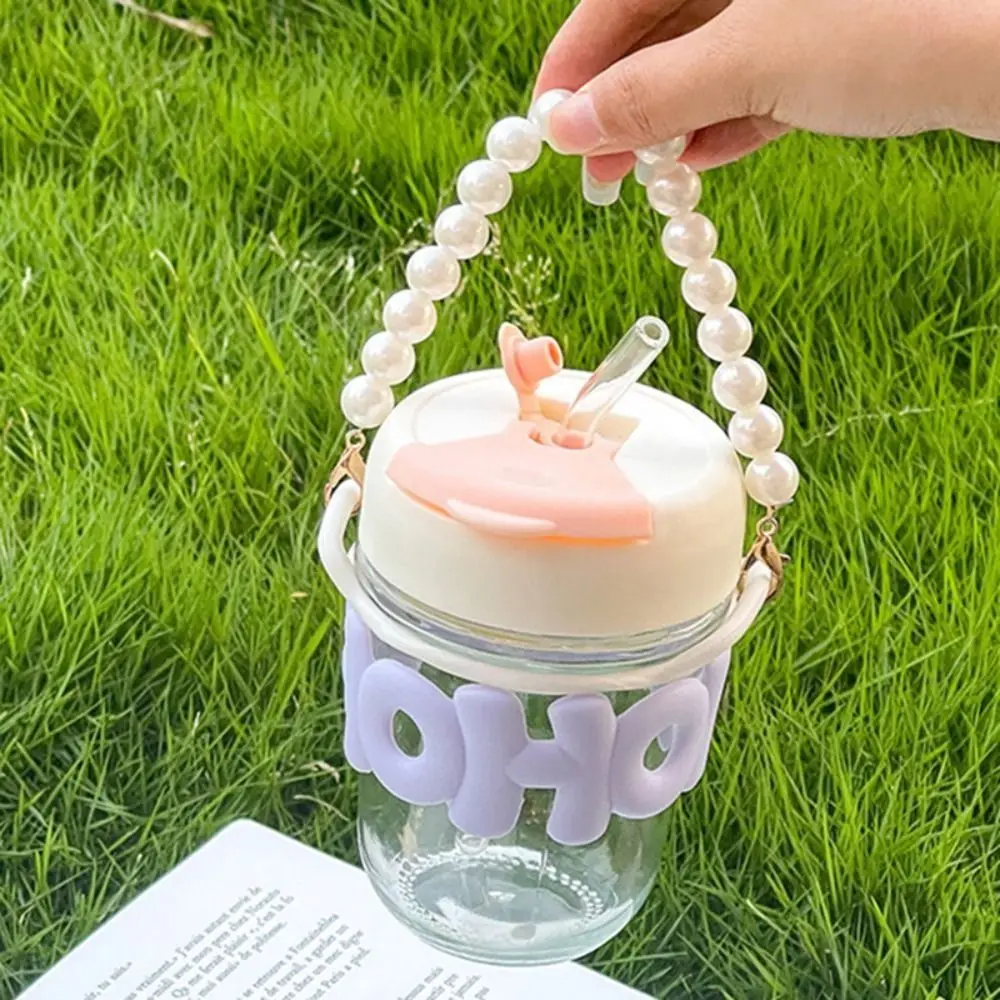 Cute 350ml Glass Straw Cup with Pearl Bracelet Portable Water Bottle Transparent Drinking Bottle Travel