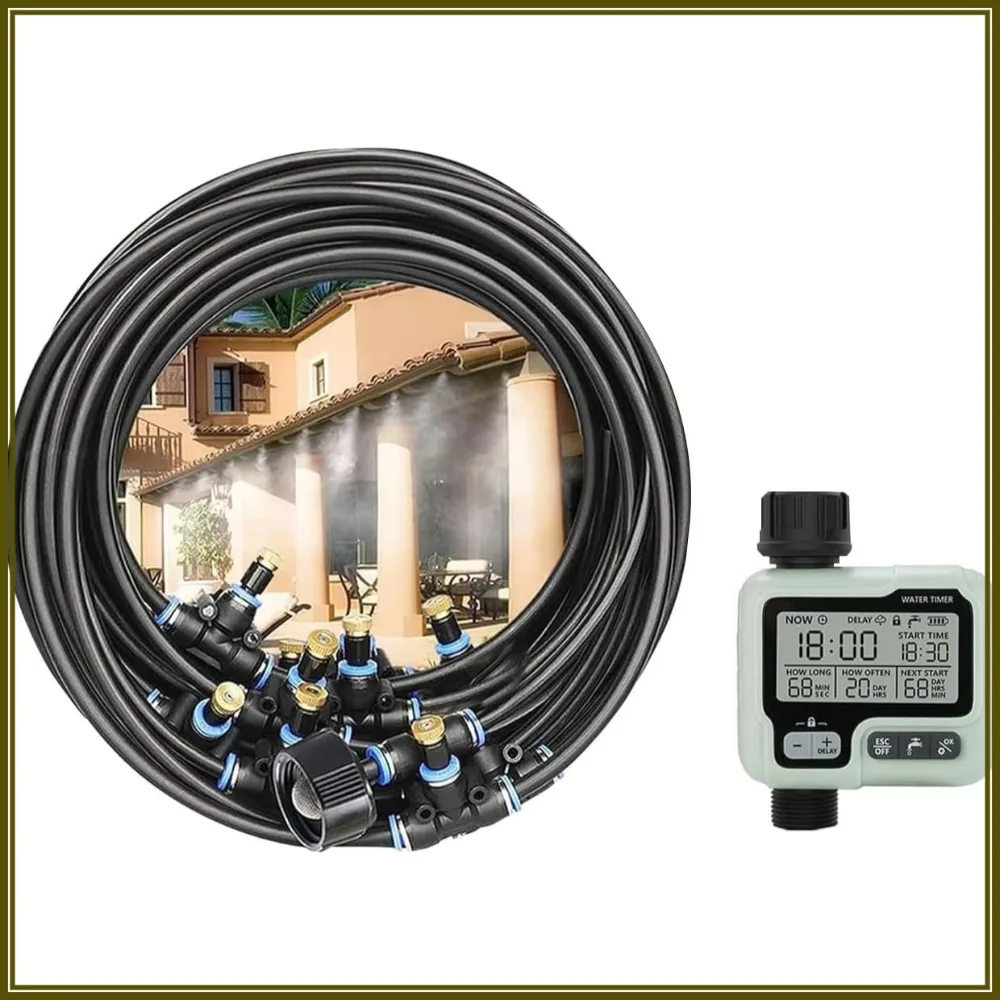50FT Outdoor Water Misting Cooling System, Automatic Misters for Patio, Garden Drip Irrigation & Pool