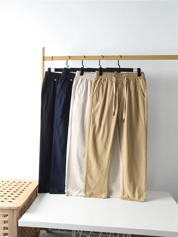 

Waed Pure Cotton Casual Pants for Men Spring Summer Elastic Waist Straight Leg Casual Trousers Youth Faion Straight Cut