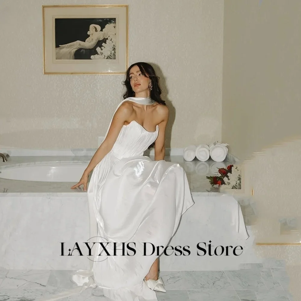 

LAYXHS Novel White Strapless Evening Dresses A Line Floor-Lenght Women Formal Prom Dresse Customized فساتين سهرات