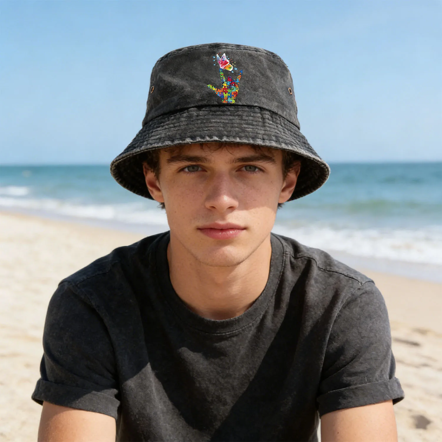 A Washed Denim Bucket Hat Featuring a 
