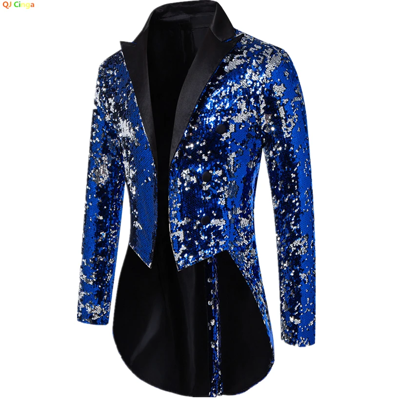 Blue Metallic Shiny Sequins Tuxedo Men\'s, Performance,Party Dress Coat, Fashion Long Cardigan Suit Jacket,Red, Gold Blazers