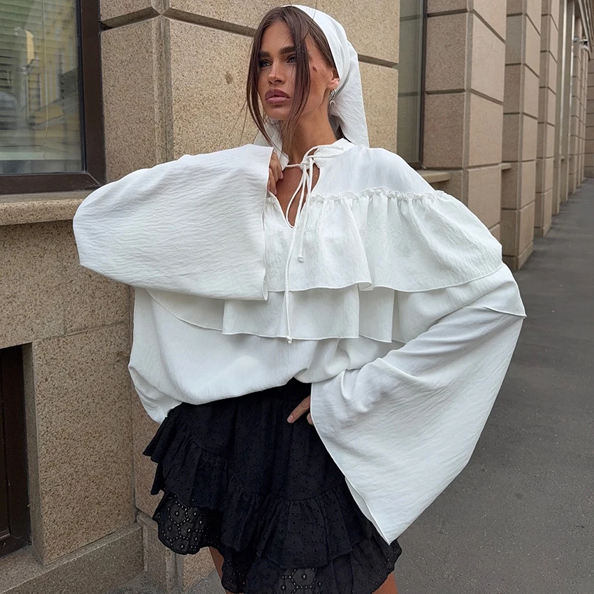 

Linad White Layered Ruffles Summer Pullover Blouses Loose Casual Lace-Up Long Flare Sleeve Tops Woven V-Neck Solid Color Shirts