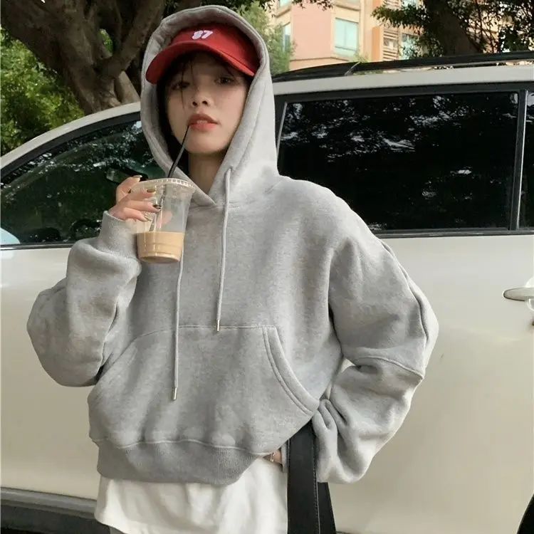 

Autumn Winter Korean Style Street Plus Velvet Ins Retro American Gray Short Hooded Sweatshirt Women's Loose Thickened Jacket Top