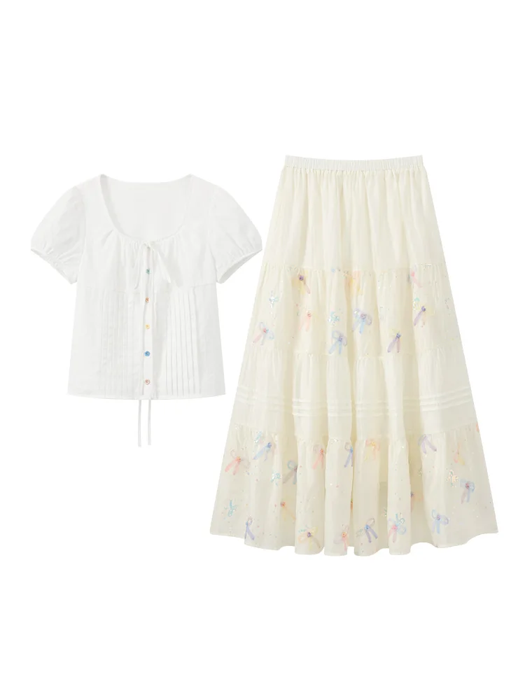 Summer Puff Sleeve Blouse Women French Style Slim Fit U-Neck Shirt Lightweight Short Sleeve Top Elegant Casual Button-Up Shirt