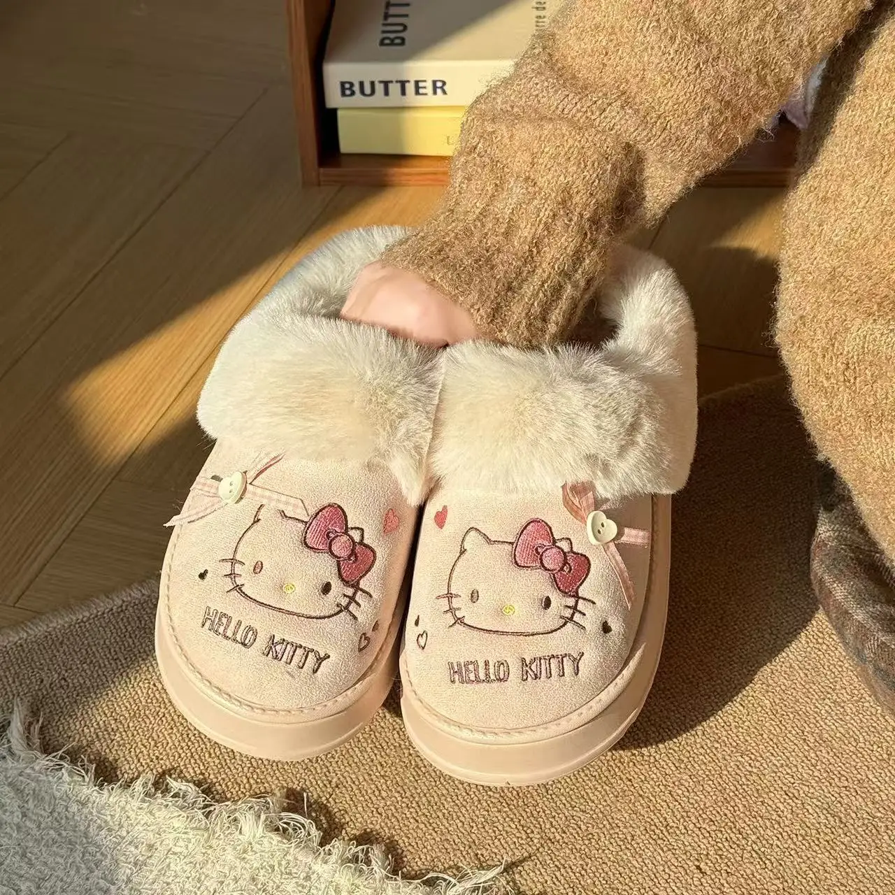 

real photos 2025 autumn winter new Home Cute hello kitty Anti Slip black pink khaki fashion women soft warm cotton Slippers