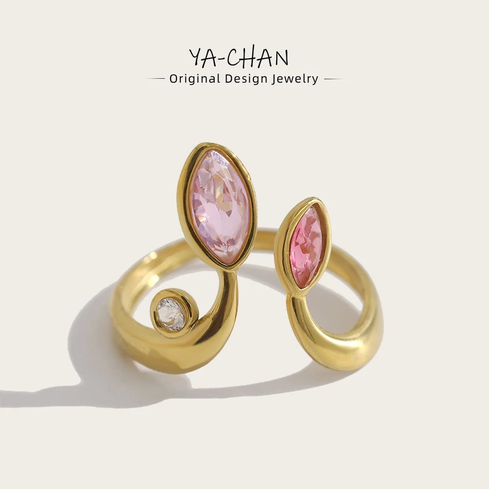 YACHAN Nuevos anillos de hoja de cristal de circonio de acero inoxidable para mujer, elegantes y exquisitos, chapados en oro de 18K, joyería impermeable