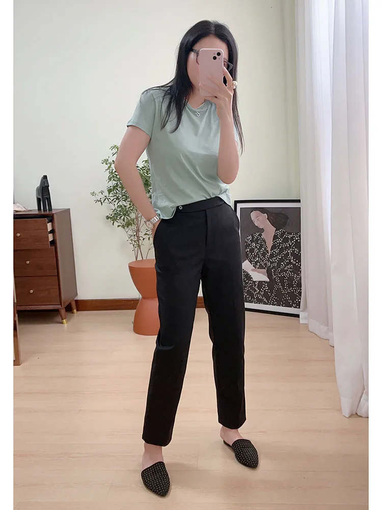 

Comfortable Anti-Wrinkle Dust-Proof Black Casual Pants Women's 9-Length Spring Summer High Waist Straight Leg Commute Style