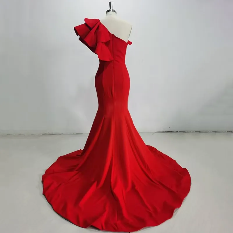 فستان سهرة حورية البحر مثير بكتف واحد مخصص مع حافة مكشكشة، فستان حفلة بطول الأرض بكتف واحد بدون ظهر، أنيق