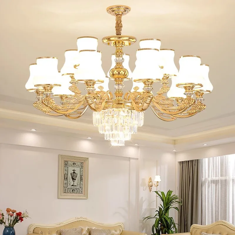 

French Living Room Pendantlight New Design Home European Modern Simple White Lampshade Crystal Lamp Villa Hall Golden Chandelier