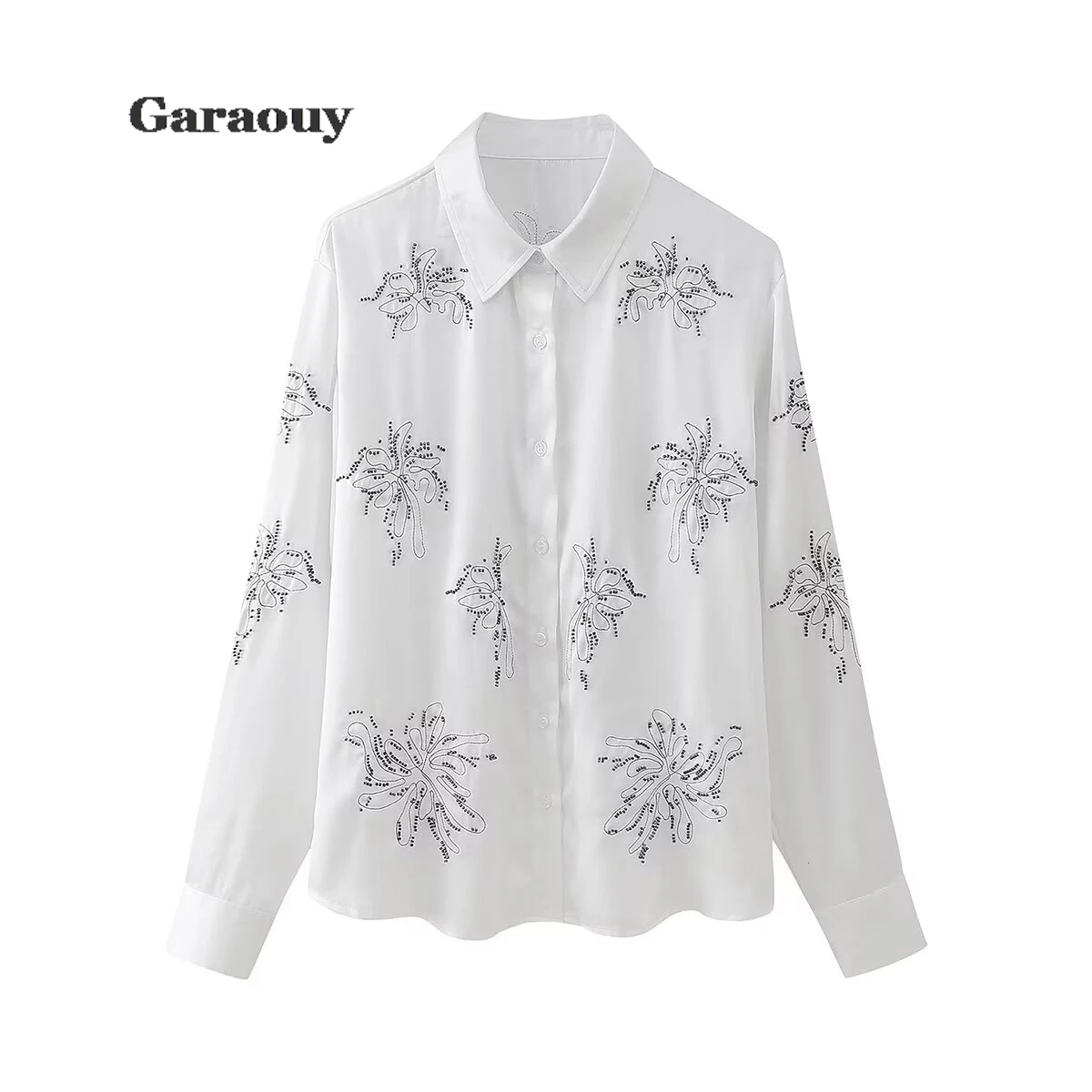 Garaouy Chic Bead Embroidery 2 Piece Pants Set Women Long Sleeve Lapel Tops High Waist Pants 2024 Lady Casual Vacation Outfit