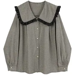 Large Size 6XL 150KG Women Plaid Shirt Peter Pan Collar Long Sleeve Women Tops Oversized Women Blouses