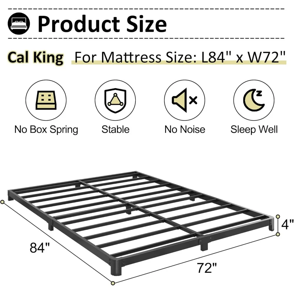 Cama King California de 4 pulgadas, marcos negros de perfil bajo, sin somier necesario, marco de cama con plataforma de Metal Cal King de alta resistencia