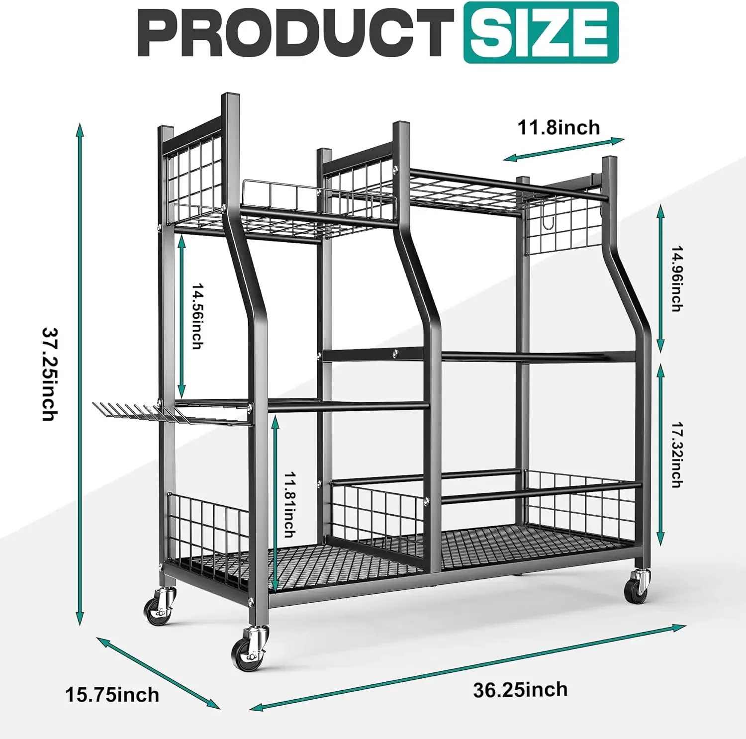 Garden Tool Organizer Stand, Garage Tool Storage Organization, Yard Tool Racks with lockable wheels, Fit for Long-Handled