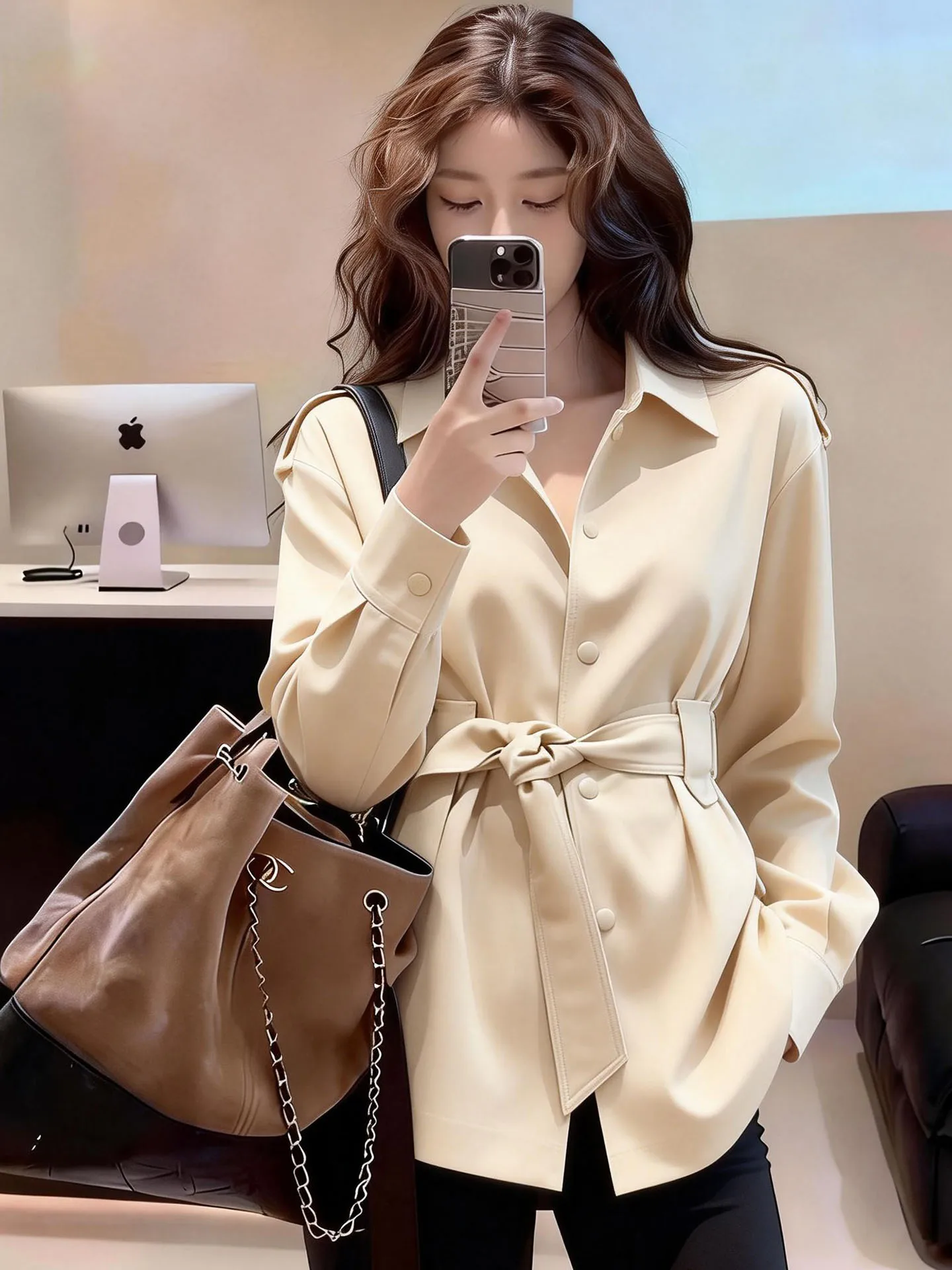 

Ele Belted Loose Women's irt Apricot Spring 2026 Commute Sle Top Slimming Trendy Long Sve Flip Collar Color