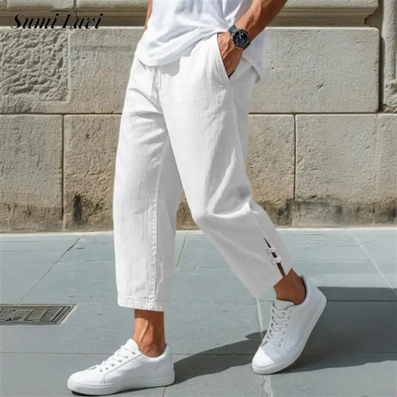 

Повседневные дышащие льняные брюки, мужские весенне-осенние модные брюки с боковым разрезом для мужчин, винтажные однотонные брюки на шнурке