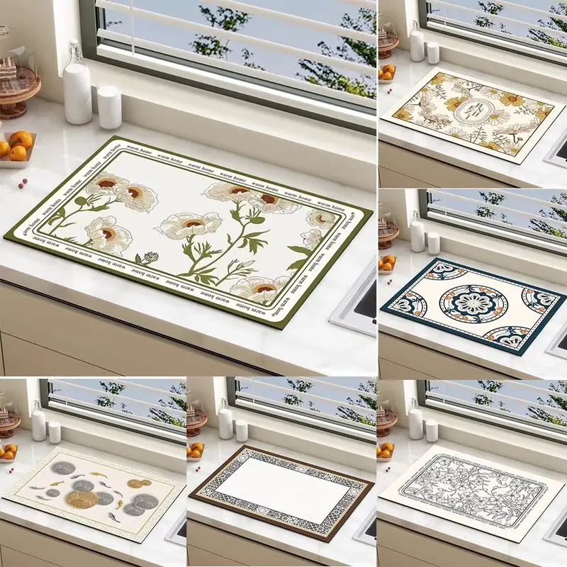 VIKAMA Poppy Floral Text Border Drying Mat Quick Dry Absorbent Non Slip Farmhouse Coffee Sink Counter Protector Pad