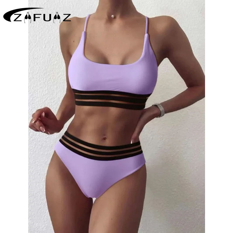 ZAFUAZ High Waist 2024 Bikini Set Sexy Swimsuit 2 Piece Women Brazilian Solid Retro Swimwear Bathing Suit Mesh Beachwear Biquini