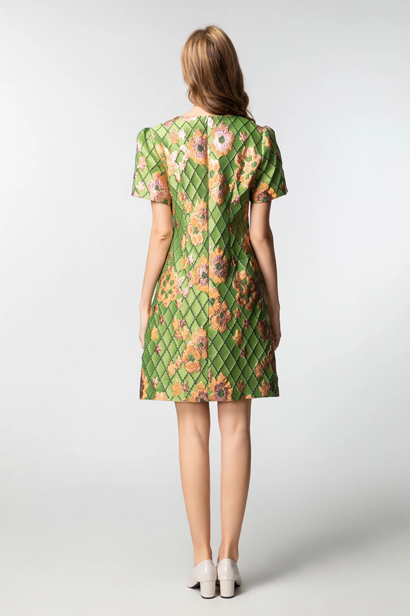 MIUXIMAO 2025 mode Royal luxe Jacquard robes d'été 3D fleurs diamants robe a-ligne courte robe verte femmes Vestides