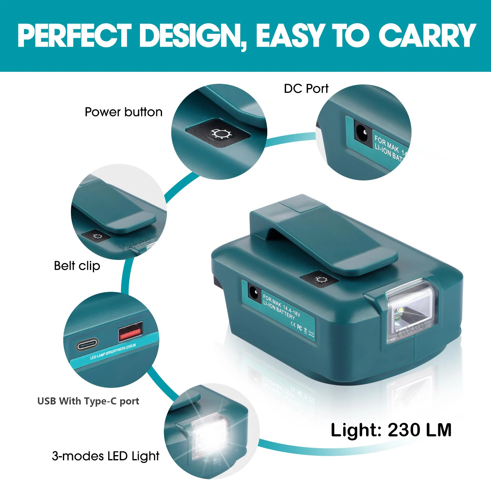 Dla Makita lampa LED dla Makita bateria BL1830 1430 1840 1860 1890 Typc-C QC3.0 Port USB 230lm 22.5W