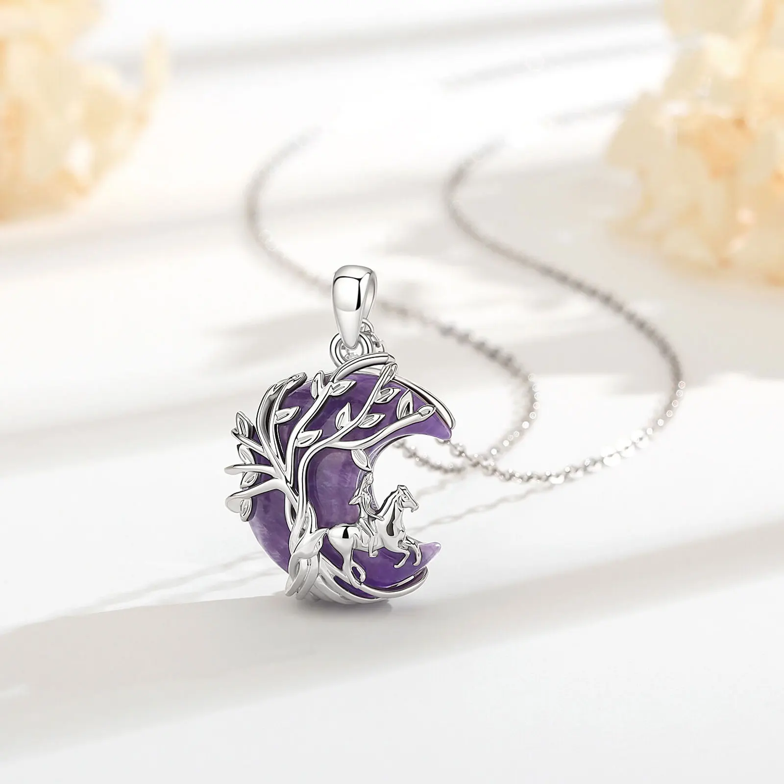 Eudora Amethyst Horse Girl Necklace Crescent Moon Tree of Life Pendant Spirit Animal Jewelry Spiritual Protection Gift for Women 4