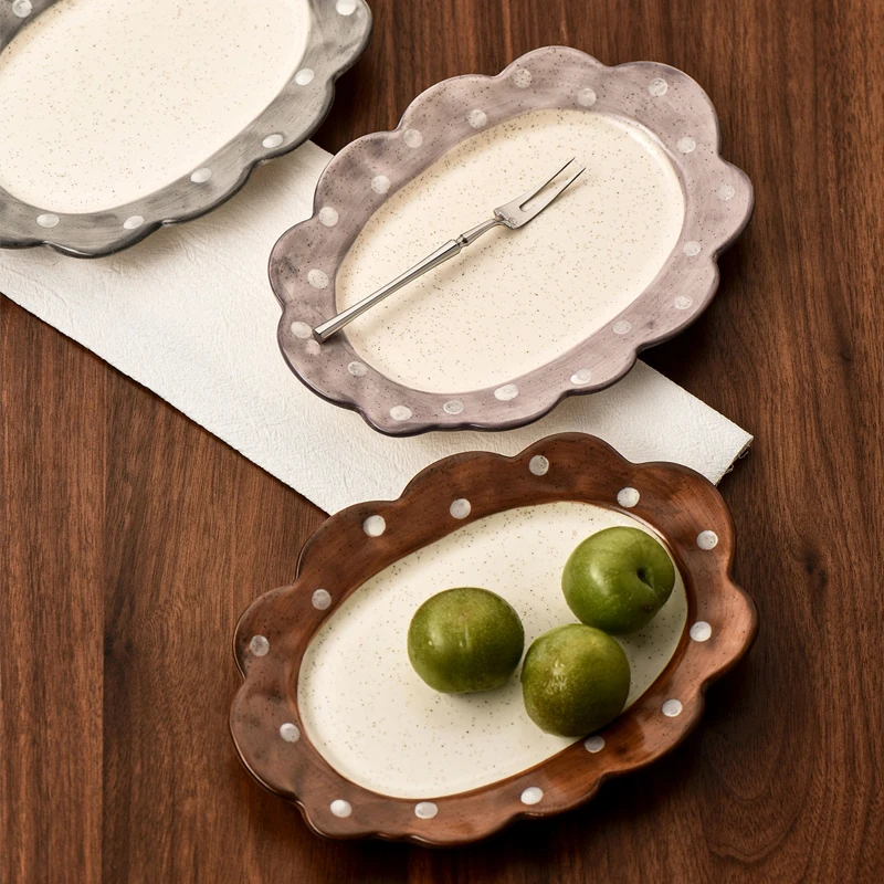 Japanese Retro Lace Wave Plate Hand-painted Breakfast Plate Cake Dessert Plate Home Decoration Restaurant Display Tray