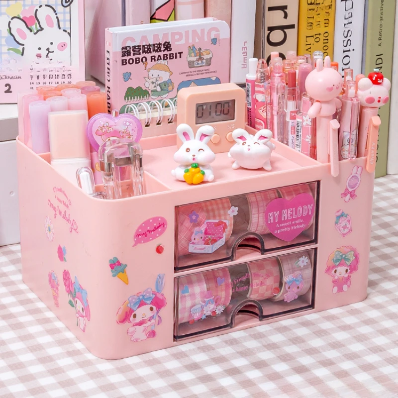 sanrio grande capacidade storage box pen holder kawaii gaveta desktop organizer kuromi melodia cinnamoroll papelaria bonito 01