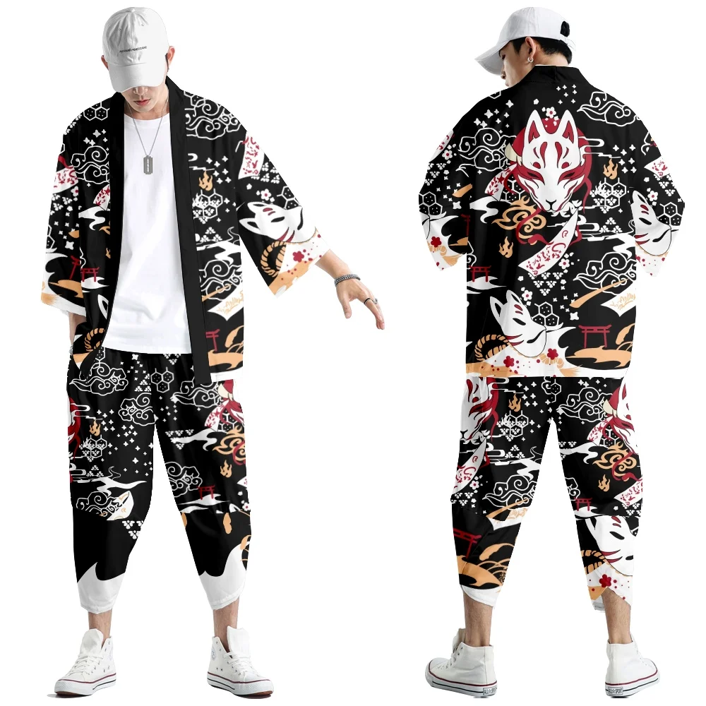 طقم كيمونو مطبوع عليه ثعالب بتسعة ذيل من قطعتين للرجال والنساء ، بنطلون قصير ، سترة ، هاوري ياباني ، هاوري ، كيمونو ، كوسبلاي