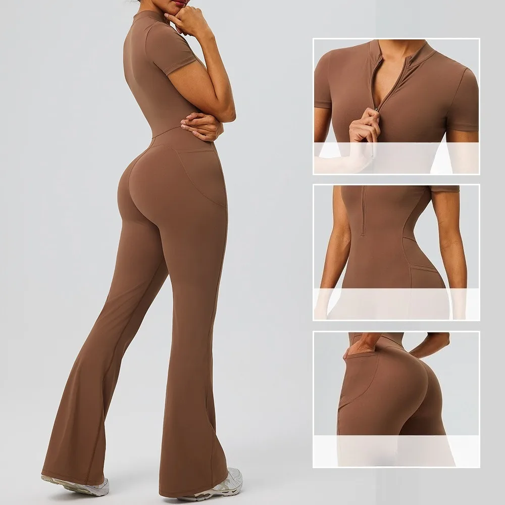 Women Short Sleeve Yoga Jumpsuit Pockets Butt Lifting Flared Leg One-Piece Workout Bodysuit Zipper Yoga One Piece Fitness Suit