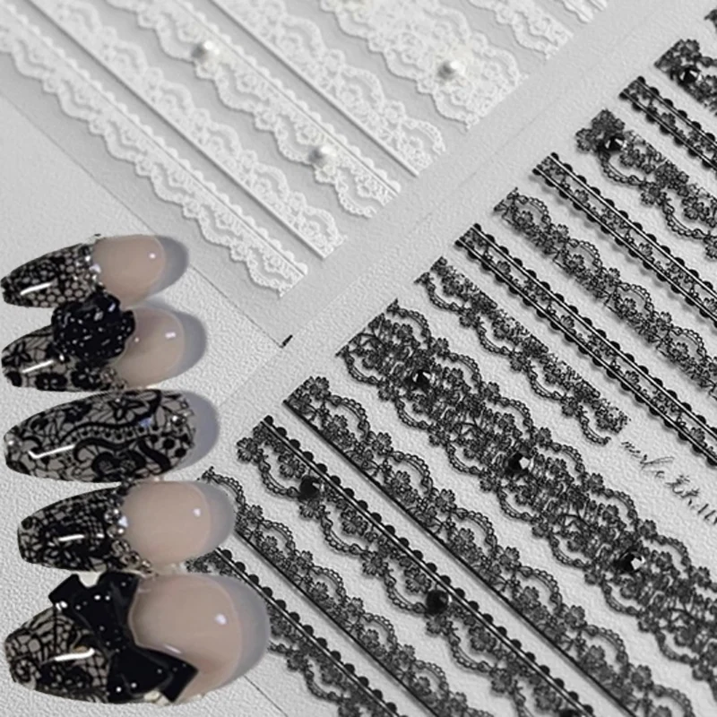 Black White Lace Stripes Nail Art Sticker Designs Sticker with Pearl Diamond Gem Self Adhesive Nail Sticker Decoration Decals
