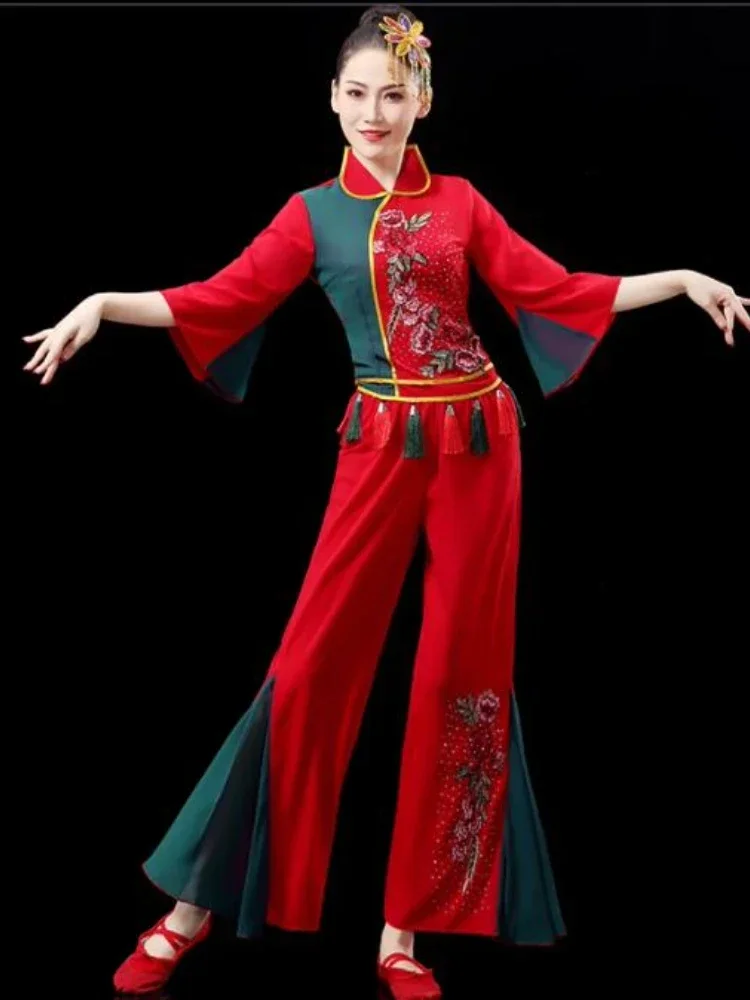 Chińska tradycyjna narodowa sukienka Yangko Odzież do tańca dla fanów Klasyczne kostiumy do tańca Kwadratowy kostium sceniczny z bębnem